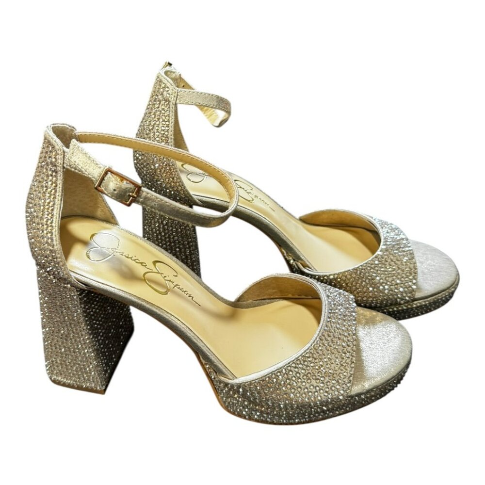 NWT Jessica Simpson Gold Sparkling Embellished Chunky Heel Sandals Sizes: Multi - Picture 5 of 11